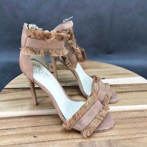 Vince Camuto Brown Suede Fringe Adjustable Ankle Strap Pump Heel Sandals 7 B